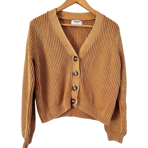 Old Navy Mustard Yellow Ribbed Button Front Cropped Cardigan Sweater Size Small - Picture 1 of 6